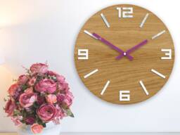 Wood Wall Clock, Silent Wooden Modern Clock For Office, Violet Clock Hands - thumbnail 1