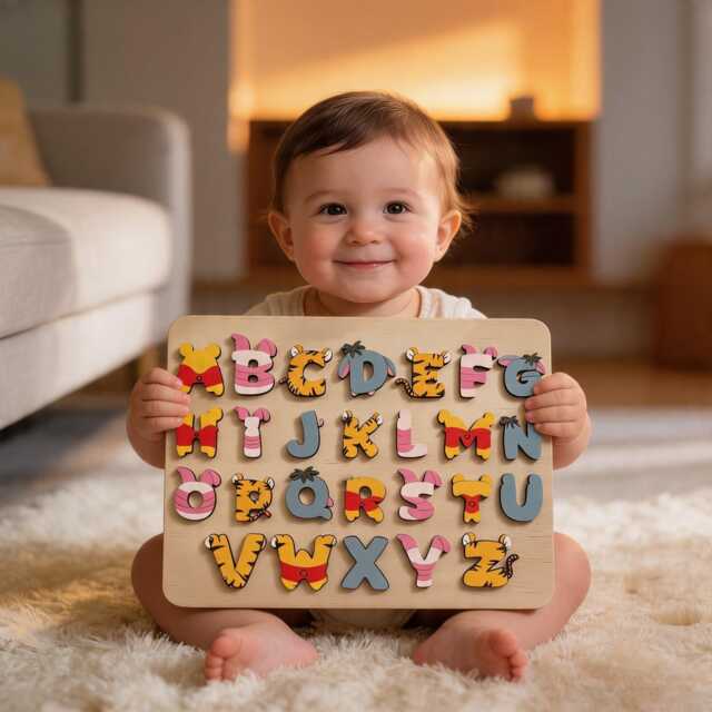 Personalized Alphabet Puzzle For Baby, Winnie The Pooh Wooden Name Puzzle, Custom Nursery Decor, First Birthday Gift, Baby Shower Gift - image 1