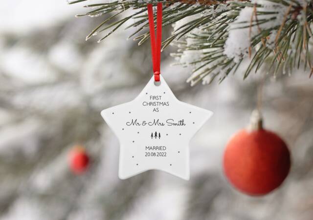 Personalised First Christmas As Mr & Mrs Married Ceramic Star Decoration Ornament - image 1