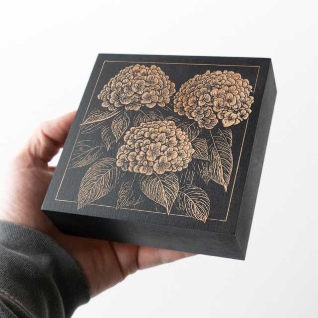 Hydrangea Flowers Mini Engraved Birch Wood Panel - Block Print Floral Garden Wall Art, Plant Mom Illustration Print, Farmhouse Decor Gift - image 1