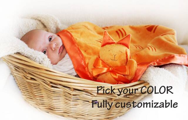 Orange Minky Tiger Cat Lovey Blanket Satin Baby Security Blanket - image 1