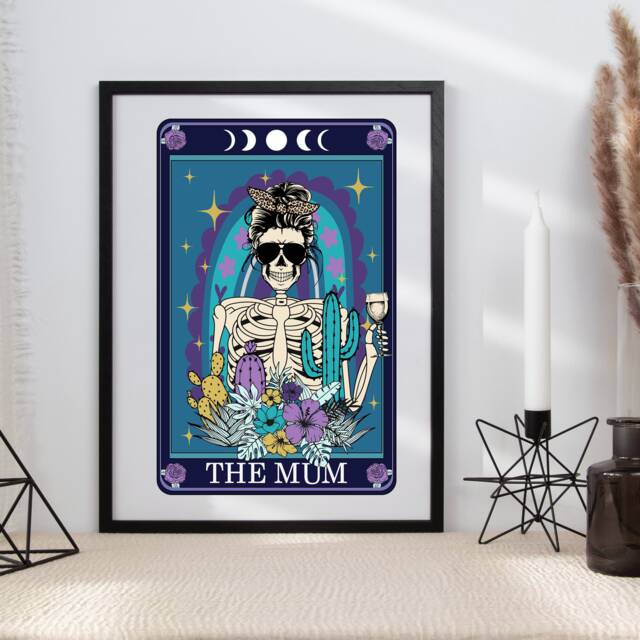 Tarot Style Wine Mum Funny Typographical Print - Quirky Gift Lover Tattoo Skeleton Art - image 1