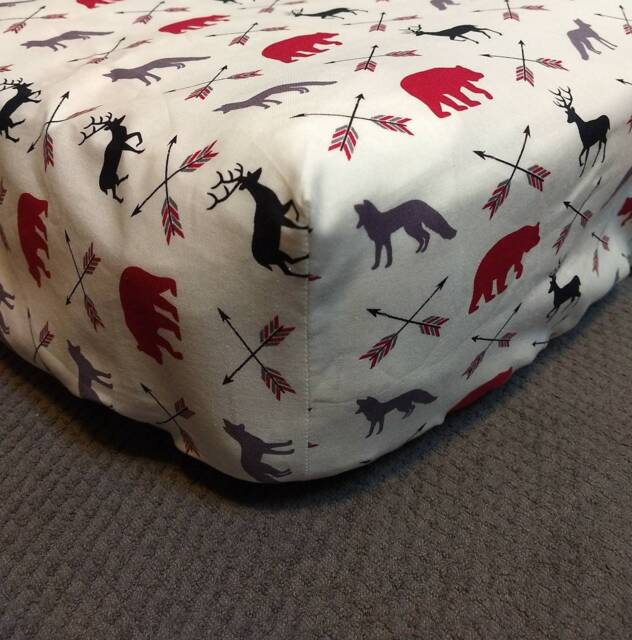 Woodland Crib Sheet Bear, Fox, Deer, Arrow Print - Cream, Gray, Burgundy - image 1