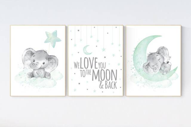 Elephant Nursery Art Print Moon & Stars, Gender Neutral Decor - image 1