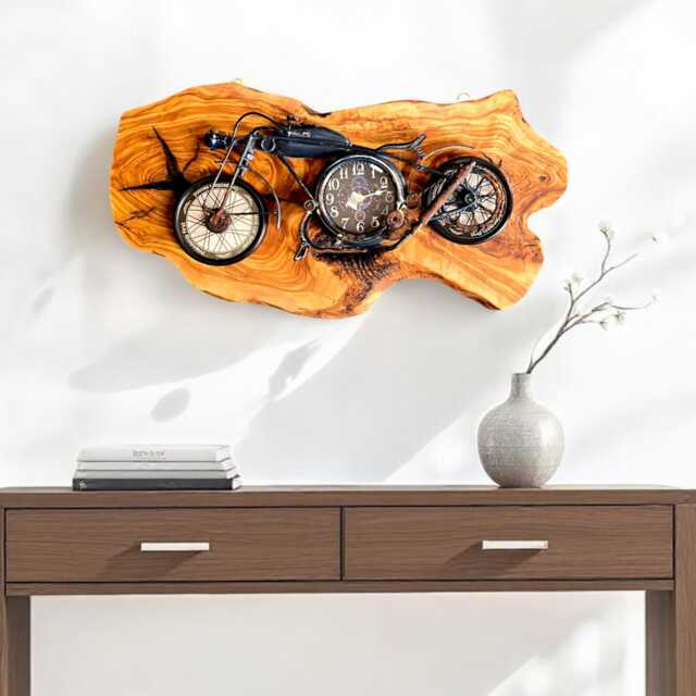 Rustic Motorbike Clock Olive Wood Wall Art - 60cm X 30cm - image 1