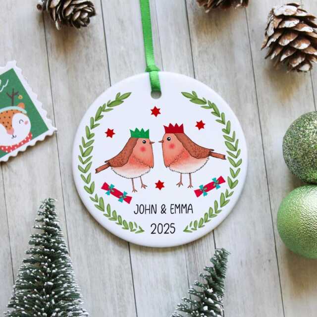 Christmas Robins Couple Ornament - Personalised Bird Tree Decoration Cute Red Robin Pair Winter Lovebirds - image 1