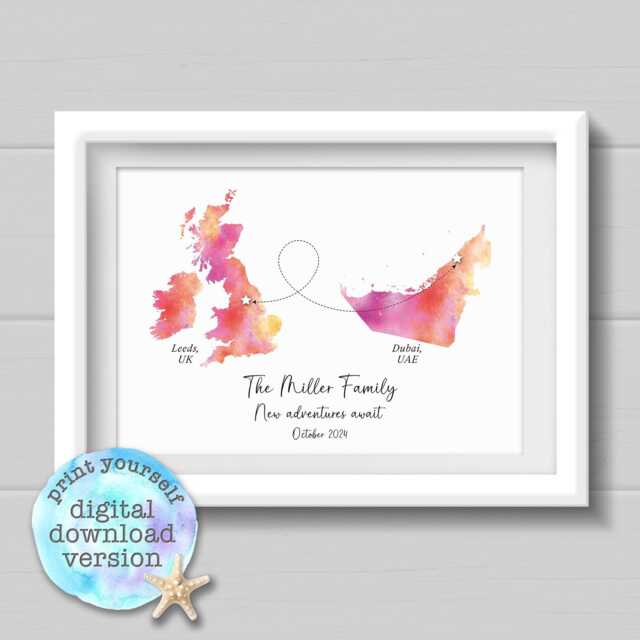 Printable Moving Abroad Gift, Personalised Watercolour Style Map Print, Digital Download To Print Yourself, Travel Any Country - image 1