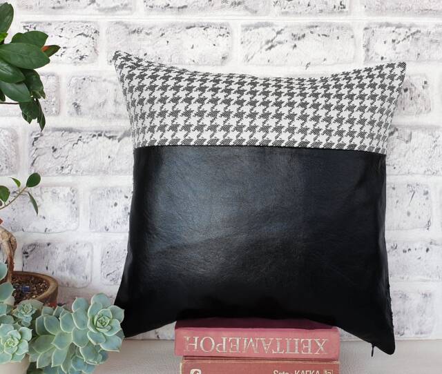 Black Faux Leather Pillow Cover Houndstooth Linen Accent, 16x16 - image 1