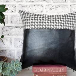 Black Faux Leather Pillow Cover Houndstooth Linen Accent, 16x16 - thumbnail 2