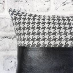 Black Faux Leather Pillow Cover Houndstooth Linen Accent, 16x16 - thumbnail 3