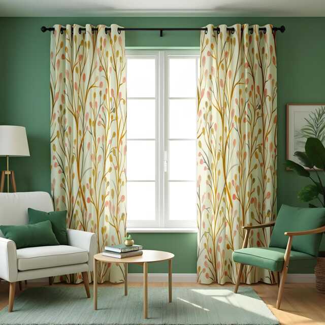 Botanical Leaf Curtains in Orange Green & Yellow Tones, Custom Nature Print Drapes, Modern Window Panels For Living Room Or Bedroom - image 1