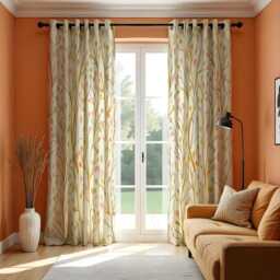 Botanical Leaf Curtains in Orange Green & Yellow Tones, Custom Nature Print Drapes, Modern Window Panels For Living Room Or Bedroom - thumbnail 3