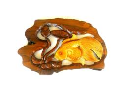 "Wood Carving Gold Fish With Lotus Flower Hand Carved Natural Teak Wall Hanging Art Home Decor Handmade/Gift 13.5"" X 8.75"