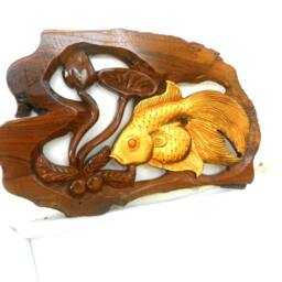 "Wood Carving Gold Fish With Lotus Flower Hand Carved Natural Teak Wall Hanging Art Home Decor Handmade/Gift 13.5"" X 8.75" - thumbnail 3