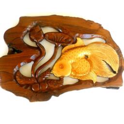 "Wood Carving Gold Fish With Lotus Flower Hand Carved Natural Teak Wall Hanging Art Home Decor Handmade/Gift 13.5"" X 8.75" - thumbnail 2