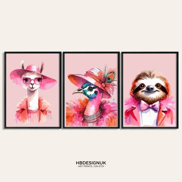 Funky Pink Animal Prints - Set Of 3 Posters - Maximalist Wall Art Quirky Animals Artwork Style Portrait Decor Colourful Hipster - image 1