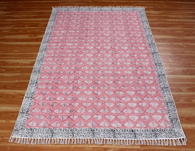 Hand Block Printed Cotton Area Rug Pink, Blue, Green, Purple - image 1