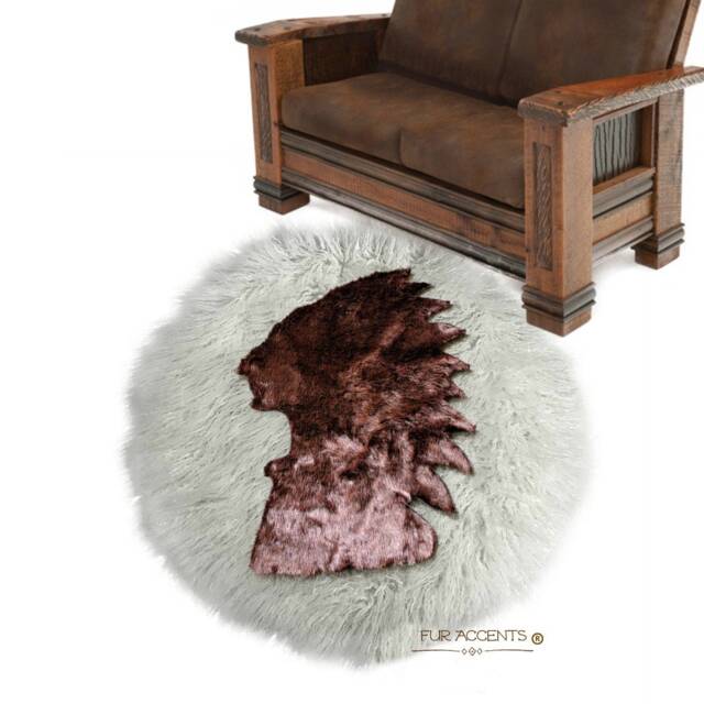 American Indian Head Faux Fur Round Rug - Hand Sewn, Accents Usa - image 1