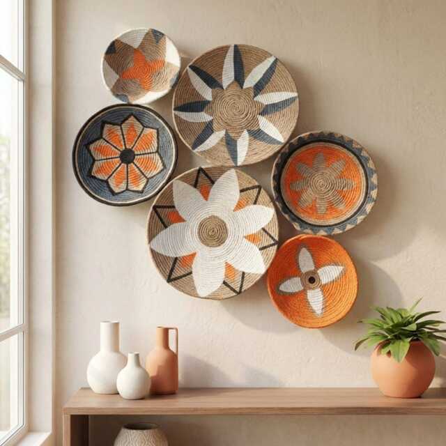 Boho Wicker Basket Wall Decor Colorful African Design, Set Of 6 - image 1