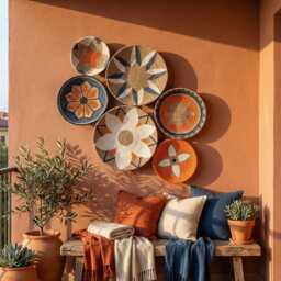 Boho Wicker Basket Wall Decor Colorful African Design, Set Of 6 - thumbnail 4