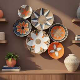 Boho Wicker Basket Wall Decor Colorful African Design, Set Of 6 - thumbnail 2