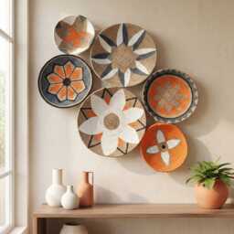 Boho Wicker Basket Wall Decor Colorful African Design, Set Of 6