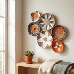 Boho Wicker Basket Wall Decor Colorful African Design, Set Of 6 - thumbnail 3
