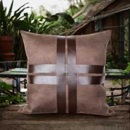 Nubuck Pillow Cover With Faux Leather Straps Modern Scandinavian Home Decor - thumbnail 2