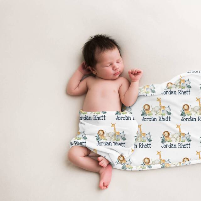 Jungle Personalized Swaddle Blanket, Safari Baby Name Birth Announcement Boy Blanket Hospital - image 1