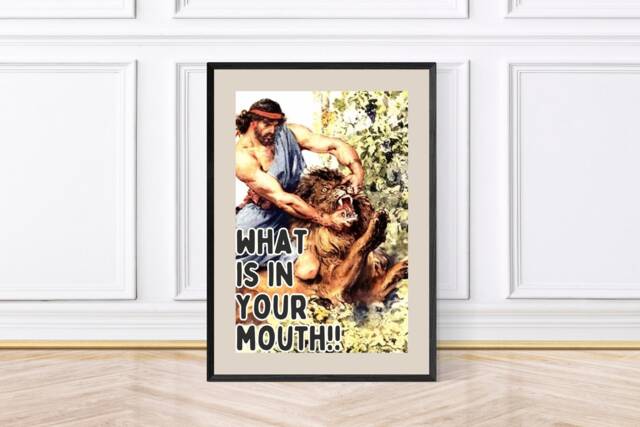 Funny Animal Kitchen Print, Samson & The Lion, Vintage Print Framed Wall Art - image 1