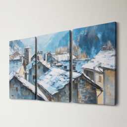 Swiss Alps Village 3 Panel Split Canvas Wall Art Snow Rooftops Winter Mountain Landscape Oil Painting Framed Home Decor Gift