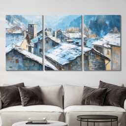 Swiss Alps Village 3 Panel Split Canvas Wall Art Snow Rooftops Winter Mountain Landscape Oil Painting Framed Home Decor Gift - thumbnail 2