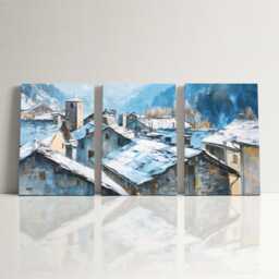 Swiss Alps Village 3 Panel Split Canvas Wall Art Snow Rooftops Winter Mountain Landscape Oil Painting Framed Home Decor Gift - thumbnail 3