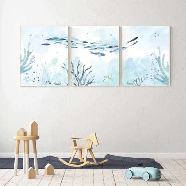 Under The Sea Wall Art, Ocean Nursery Decor, Nautical Print Set, Under Nursery, Gender Neutral Ocean, Nautical