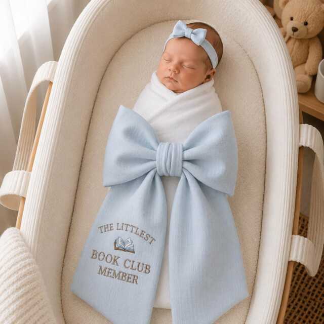Custom The Littlest Book Club Member Embroidered Newborn Bow Sash, New To The Lover Swaddle, Baby Shower Gift - image 1