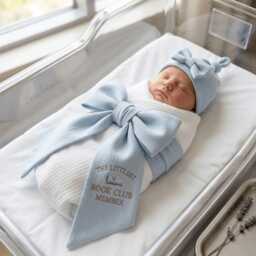Custom The Littlest Book Club Member Embroidered Newborn Bow Sash, New To The Lover Swaddle, Baby Shower Gift - thumbnail 3