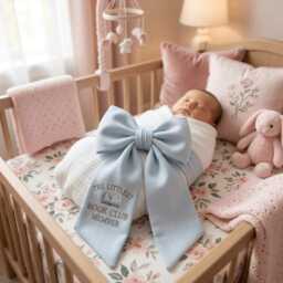 Custom The Littlest Book Club Member Embroidered Newborn Bow Sash, New To The Lover Swaddle, Baby Shower Gift - thumbnail 2