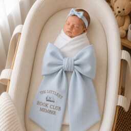 Custom The Littlest Book Club Member Embroidered Newborn Bow Sash, New To The Lover Swaddle, Baby Shower Gift - thumbnail 1