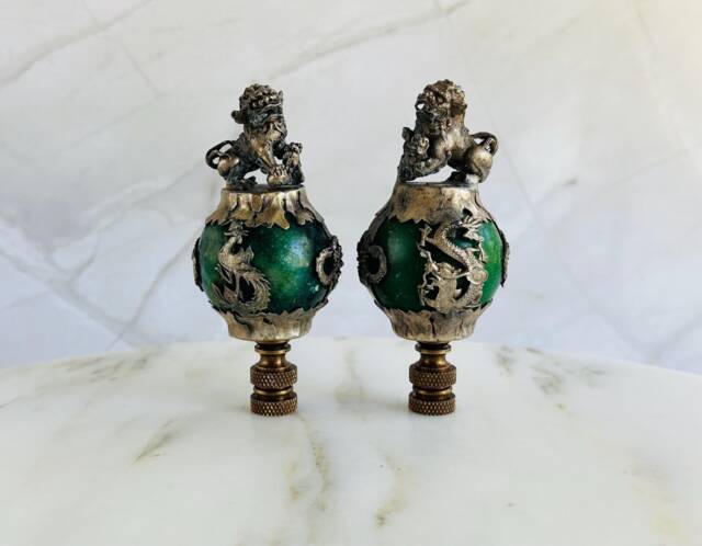 Chinese Foo Dog Lamp Finials On Bronze Hardware - A Single Finial Or Matching Pair - image 1