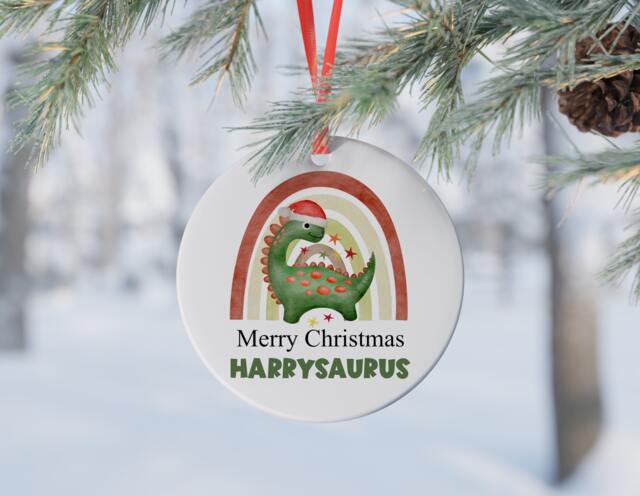 Personalised Dinosaur Christmas Baubles, Children's Ceramic Bauble, Tree Decoration For Children - image 1