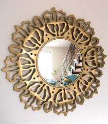 Large Carved Round Wall Mirror Gold Accent, 25 Inch Diameter - thumbnail 1
