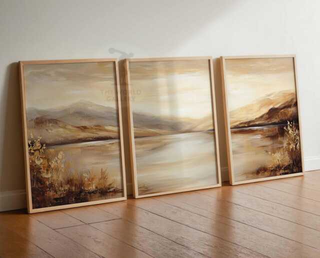 Set Of 3 Golden Landscape Prints, Gold Wall Art, Living Room Art Poster Bedroom Poster, Nature Decor, Warm - image 1
