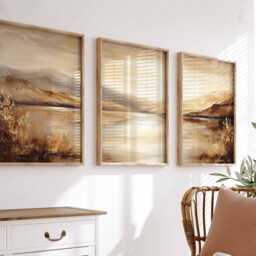 Set Of 3 Golden Landscape Prints, Gold Wall Art, Living Room Art Poster Bedroom Poster, Nature Decor, Warm - thumbnail 2
