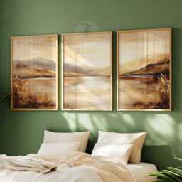 Set Of 3 Golden Landscape Prints, Gold Wall Art, Living Room Art Poster Bedroom Poster, Nature Decor, Warm - thumbnail 3