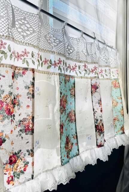 Handmade Floral Lace Curtain Valance - Shabby Chic Patchwork Farmhouse Backdrop - image 1