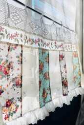 Handmade Floral Lace Curtain Valance - Shabby Chic Patchwork Farmhouse Backdrop - thumbnail 1