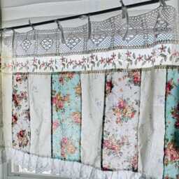 Handmade Floral Lace Curtain Valance - Shabby Chic Patchwork Farmhouse Backdrop - thumbnail 3