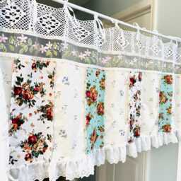 Handmade Floral Lace Curtain Valance - Shabby Chic Patchwork Farmhouse Backdrop - thumbnail 4