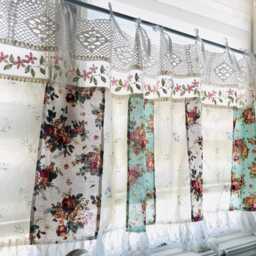 Handmade Floral Lace Curtain Valance - Shabby Chic Patchwork Farmhouse Backdrop - thumbnail 2