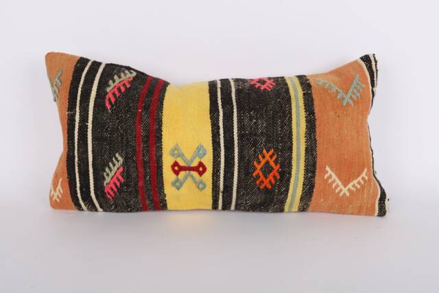 Kilim Lumbar Pillow Cover Turkish Wool Cushion, Bohemian Decor - 12x24 - image 1